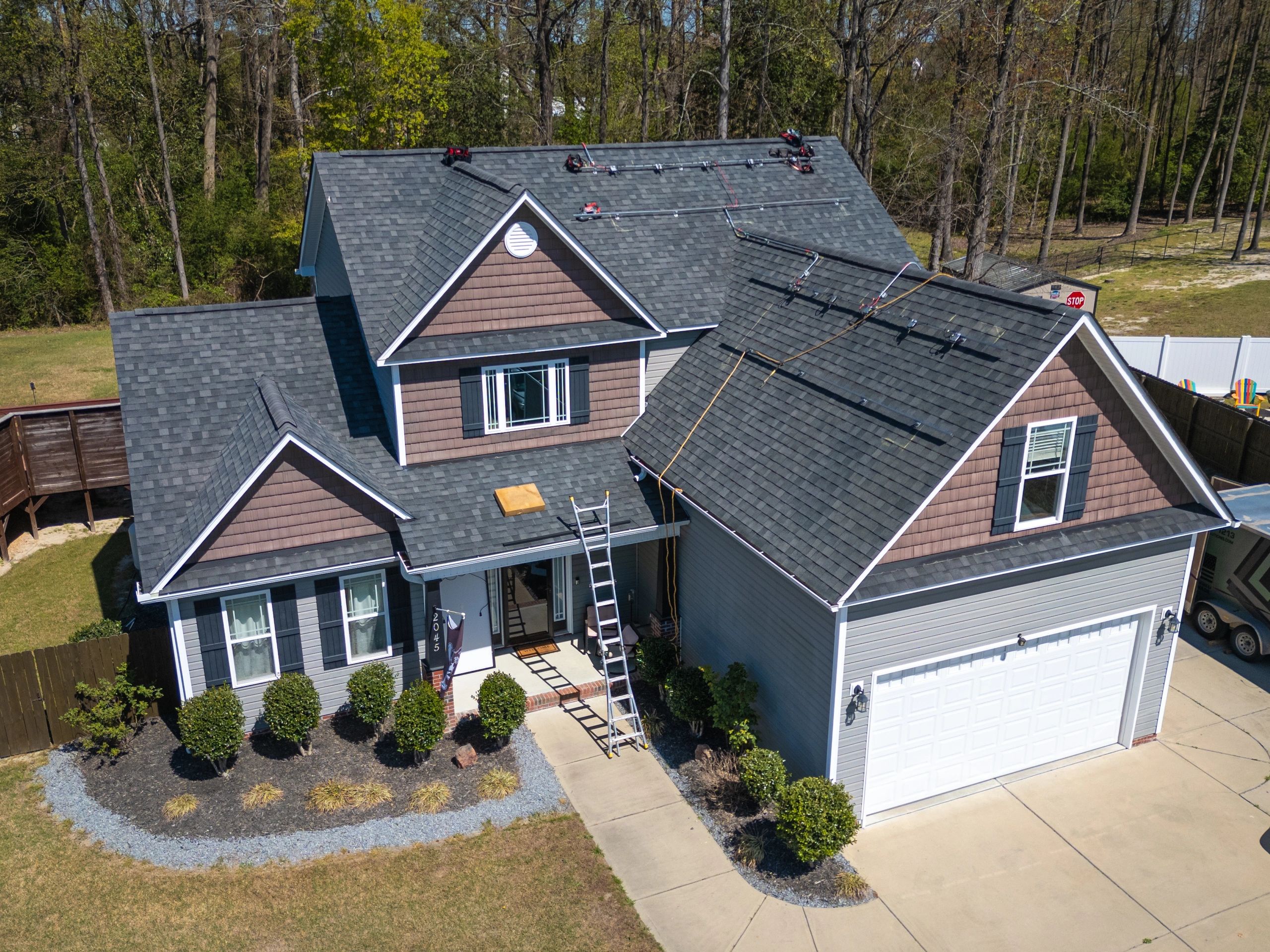 Residential roof and exterior viewed from above